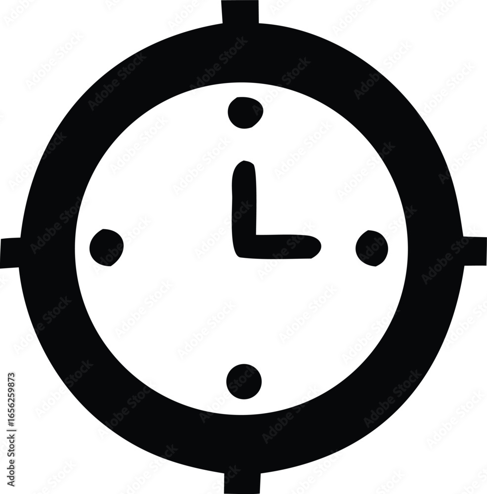 Poster a minimalist black and white icon representing a clock face within a target or crosshair symbol sign
