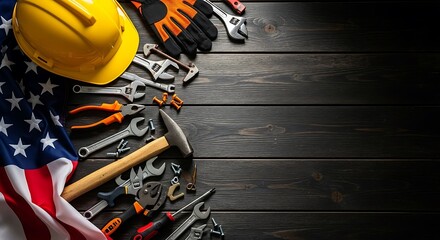 Labor day tools and american flag on rustic wood