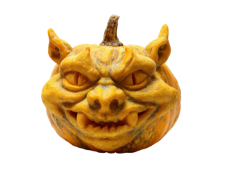 A skillfully carved Halloween pumpkin featuring a demonic gargoyle face with sharp fangs and pointed ears.