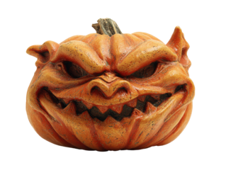 A menacing orange jack-o-lantern with a demonic face pointed ears and a sinister toothy grin.