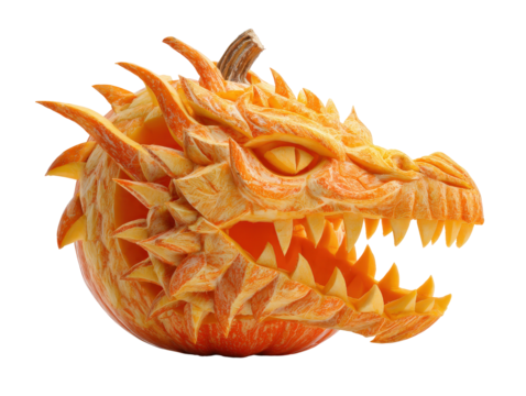 Intricately carved pumpkin shaped like a dragons head with sharp teeth spikes and an open mouth.