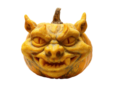 A skillfully carved Halloween pumpkin featuring a demonic gargoyle face with sharp fangs and pointed ears.