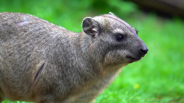 Rock Hyrax Profile Portrait in Green Natural Habitat