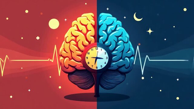 Illustration of a brain divided in half, symbolizing day and night cycles, with a clock at the center. Represents balance between work and rest, creativity and logic.