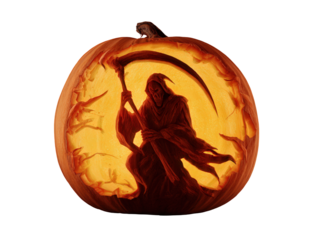 Artistically carved Halloween pumpkin featuring a glowing Grim Reaper holding a scythe.