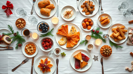 A top-down view of a beautifully appointed Christmas Eve table adorned with a selection of food