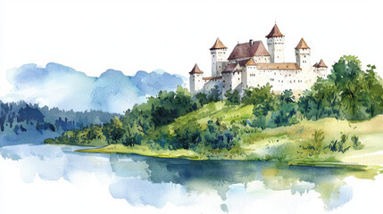 Obraz premium Beautiful watercolor painting of castle surrounded by lush greenery and serene lake, evoking sense of tranquility and wonder