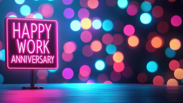 A neon sign celebrating a work anniversary with colorful bokeh background.