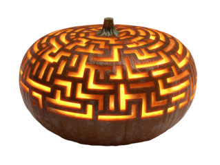 Luminous jack-o-lantern featuring an intricate glowing maze pattern carved across its surface.