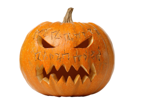 Scary Halloween Jack-o-lantern with an angry face and mysterious ancient runes carved into its orange skin.