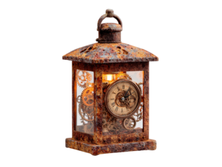 A rusty weathered steampunk lantern clock with visible internal gears and a warm glow.