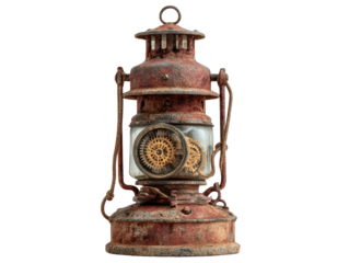 Rusty Red Steampunk Lantern with Internal Clockwork Gears.