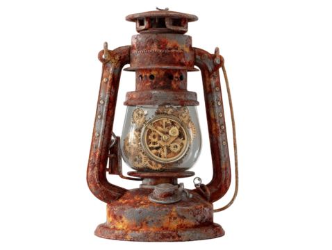 An old heavily rusted steampunk lantern featuring an intricate golden clockwork mechanism with visible gears and cogs.