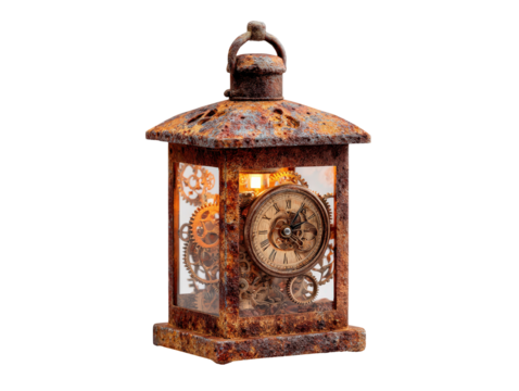 A rusty weathered steampunk lantern clock with visible internal gears and a warm glow.