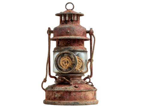 Rusty Red Steampunk Lantern with Internal Clockwork Gears. - Powered by Adobe