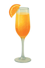 Watercolor mimosa cocktail illustration in champagne flute. Orange juice and sparkling wine drink with orange slice garnish. Vector isolated on white.