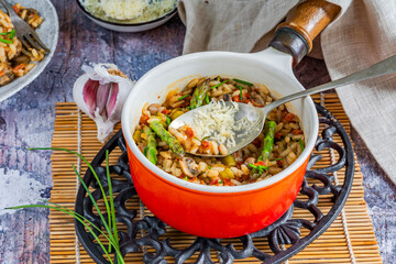Chorizo, mushroom and asparagus risotto