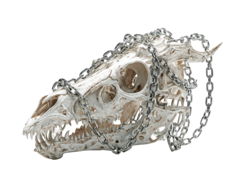 Weathered white skull of a horned beast with sharp fangs entangled in a chrome chain.