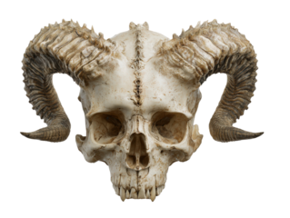 Weathered demonic skull with large curved ridged horns and a spiky crest.