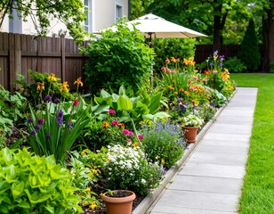Vibrant flowerbeds bordering a paved walkway