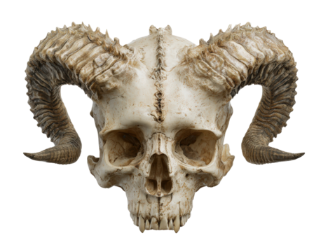 Weathered demonic skull with large curved ridged horns and a spiky crest.