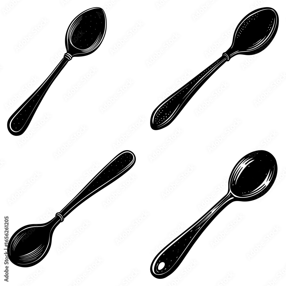 Poster illustration showing a set of four spoons with detailed shading and varying orientations on white ba