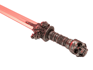 Gothic fantasy sword with an intricately carved metallic hilt a menacing skull pommel and a glowing red blade.