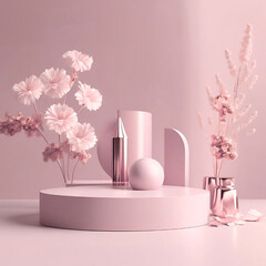 Abstract geometric shape beige color minimalistic scene with podium, vase and flowers. Design for cosmetic or product identity and packaging display background. 3d render