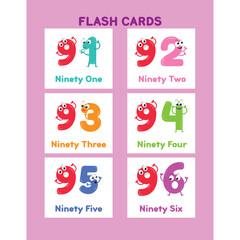 Numbers flash cards set for kids 91 to 96
