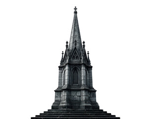 A detailed weathered Gothic stone monument with a tall spire pinnacles and a stepped base.