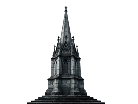 A detailed weathered Gothic stone monument with a tall spire pinnacles and a stepped base.