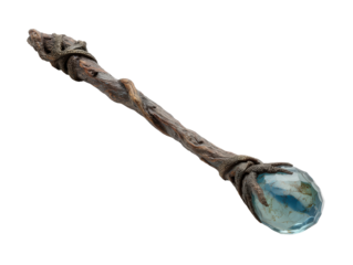 Ornate fantasy wizard staff with a coiled dragon holding a faceted blue crystal orb.