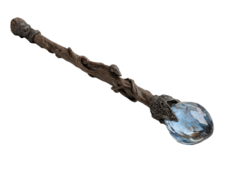 Mystical magic wand with a gnarled wood shaft a coiled serpent and a large faceted blue crystal orb.