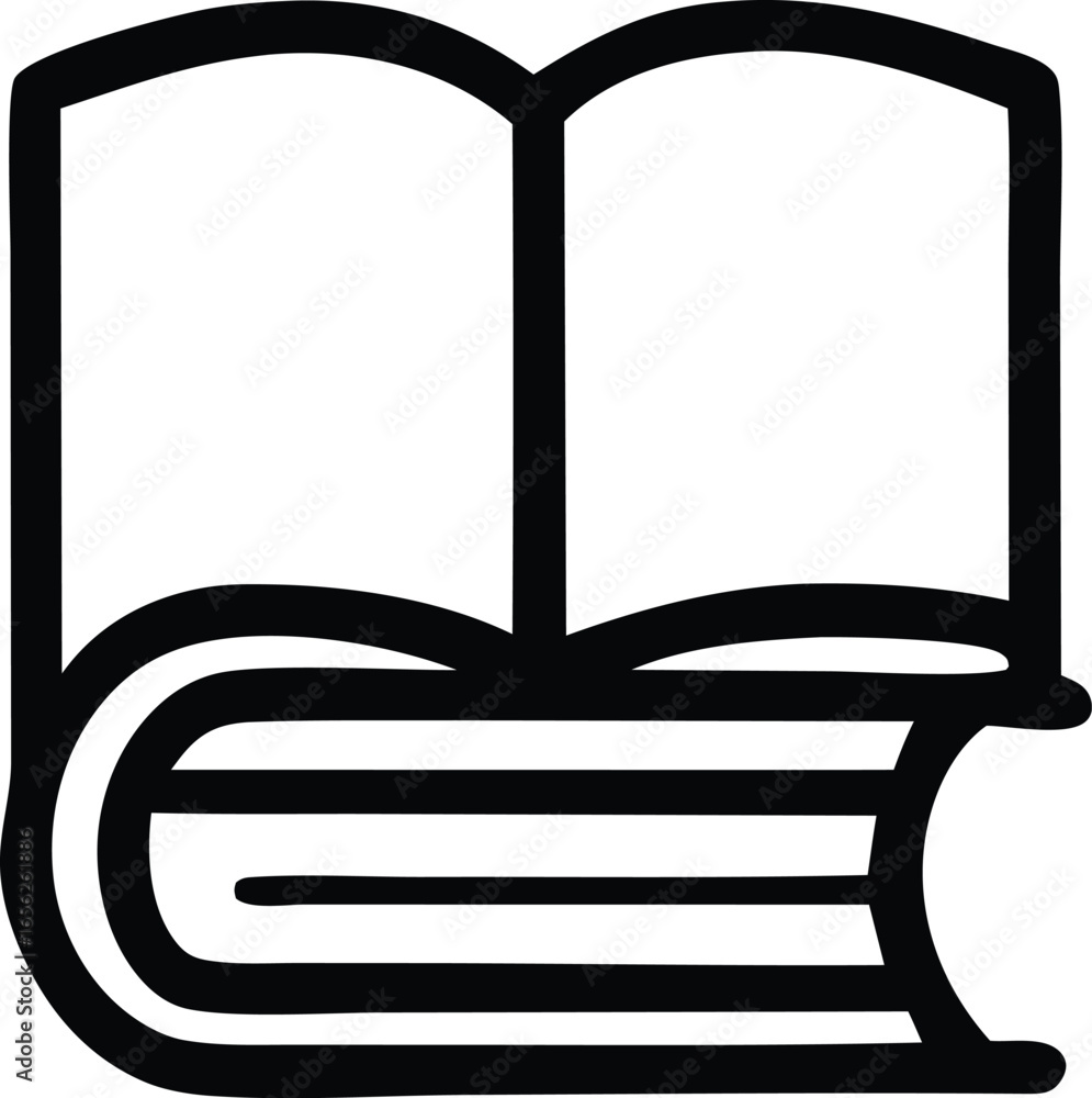 Poster simple black and white outline icon of an open book with visible pages and a thick spine representin