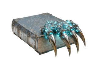 Ancient magical grimoire with a glowing blue crystal monster claw gripping its metallic cover.