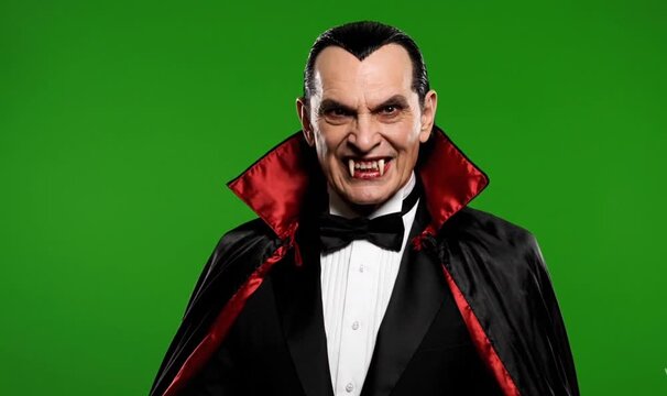 Classic Dracula vampire with black and red cape, showing fangs, elegant but scary look, cinematic lighting, full green screen background no shadow no gradien only one color