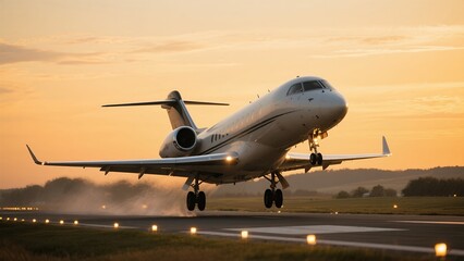 Private Jet Taking Off During Sunset on Runway