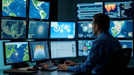 Meteorologist tracks hurricane intensity. National weather service office monitors storm data. Real time wind speed pressure maps. Emergency response team analyzes crisis situation. - Powered by Adobe