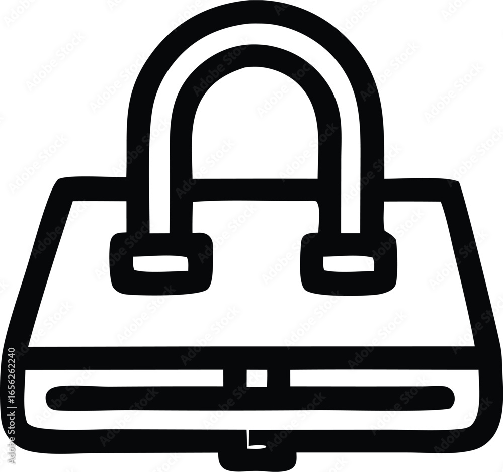 Poster simple black and white outline icon of a classic handbag with two handles and a structured rectangul