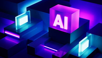 Obraz premium AI, artificial intelligence logo on neon blue violet glass geometric rectangles background. 3d render artificial intelligence concept,