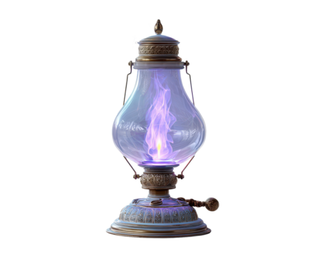 Ornate antique lantern with intricate bronze details and a glowing purple magical flame.