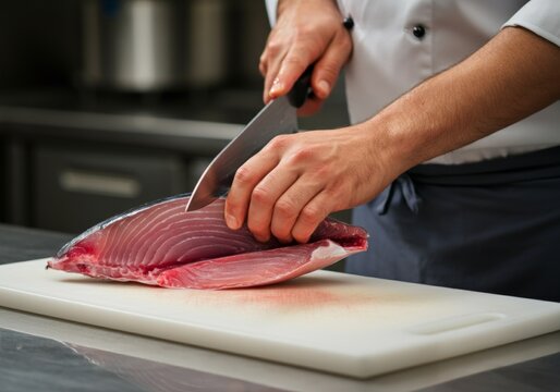 Blue Marlin Swordfish being expertly filleted by a chef in a modern kitchen environment - Powered by Adobe