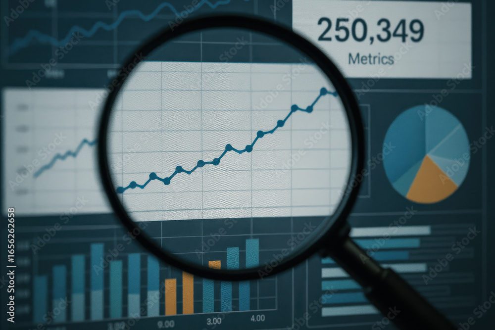 Aufkleber magnifying glass focusing on financial data with charts and metrics showing growth