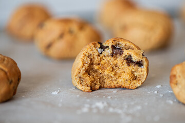 high protein choc chip cookies that are gluten free and vegan, sprinkled with sea salt