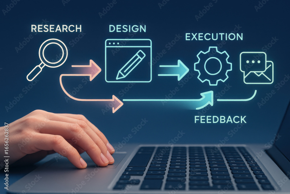Poster research design execution feedback laptop hand keyboard technology process workflow business