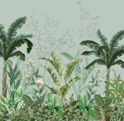 Tropical Garden Wall Mural Illustration, Tropical Garden Wallpaper, Plam Tree, Watercolor Background, © Sharif