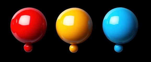Three glossy spheres, red, yellow, blue, with smaller spheres underneath, on black background