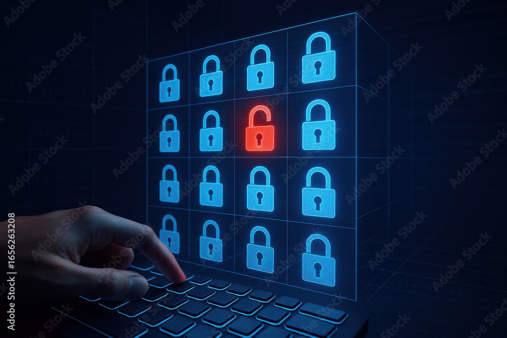 Poster hand pressing keyboard key with digital locked and unlocked padlock icons representing