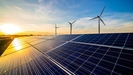 Solar Panels and Wind Turbines Reflecting a Golden Sunset Sky