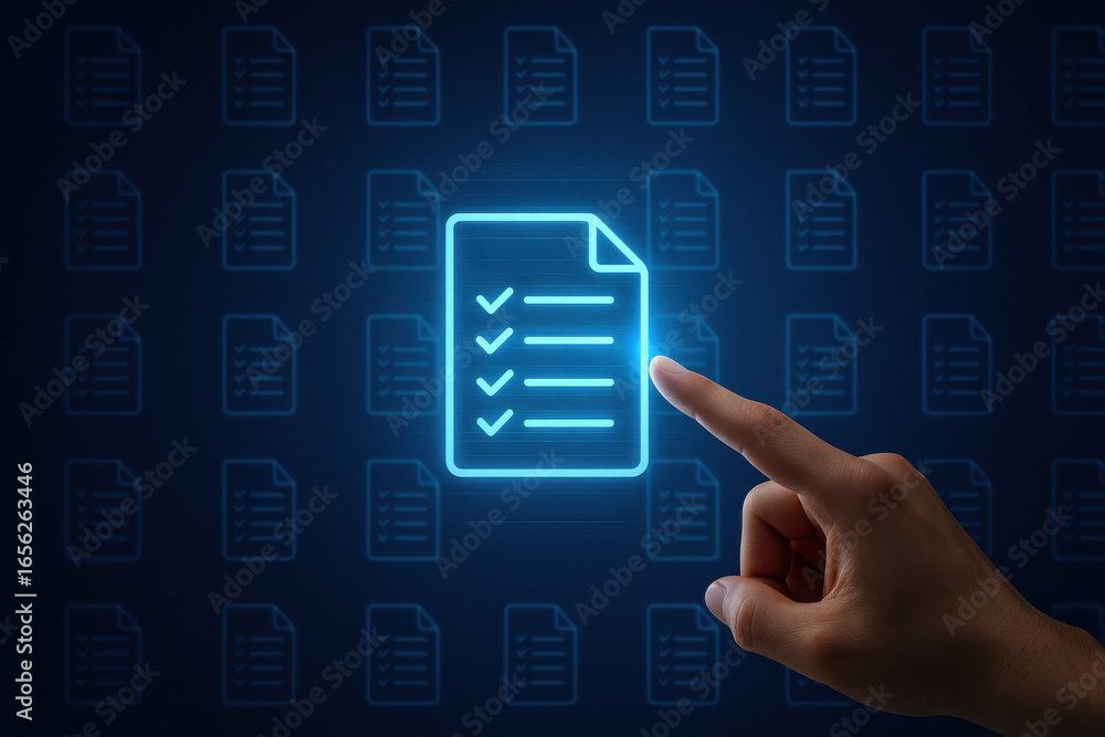 Aufkleber checklist document icon glowing with hand pointing on digital screen